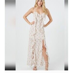 Floral print chiffon maxi dress ruffle trim  Sz Large Slit Bohemian forever 21